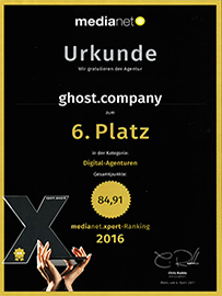 ghost.company auf Platz 6 im Medianet Xpert-Ranking 2017 in der Kategorie Digitalagenturen