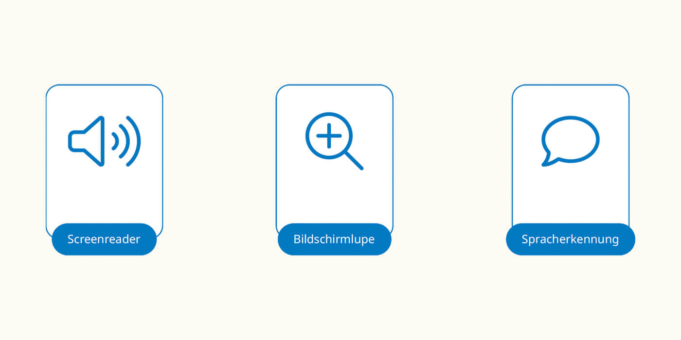 Tools für das Testing eines barrierefreiem Design – Screenreader, Bildschirmlupe und Spracherkennung.